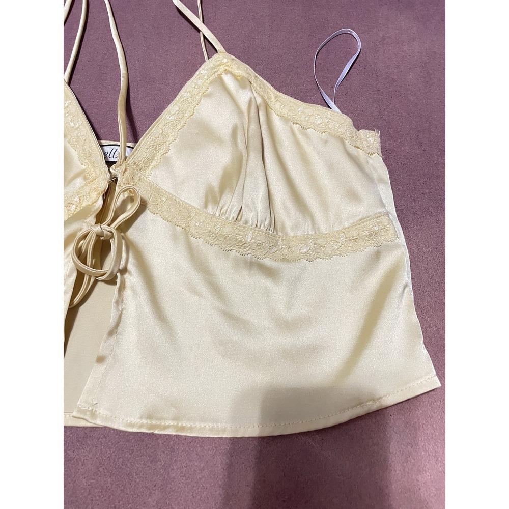 2 Bella Yellow Satin Short Cropped Tank Top Front Tie Size S/M Coquette Bohemian - Picture 3 of 12
